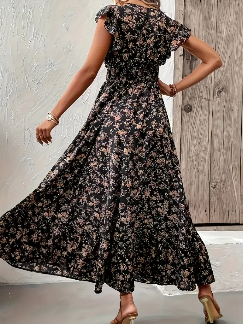 Grande taille 1XL-5XL femmes mode été imprimé fleuri col en v à volants ourlet robe dames à manches courtes élégante robe évasée robe longue