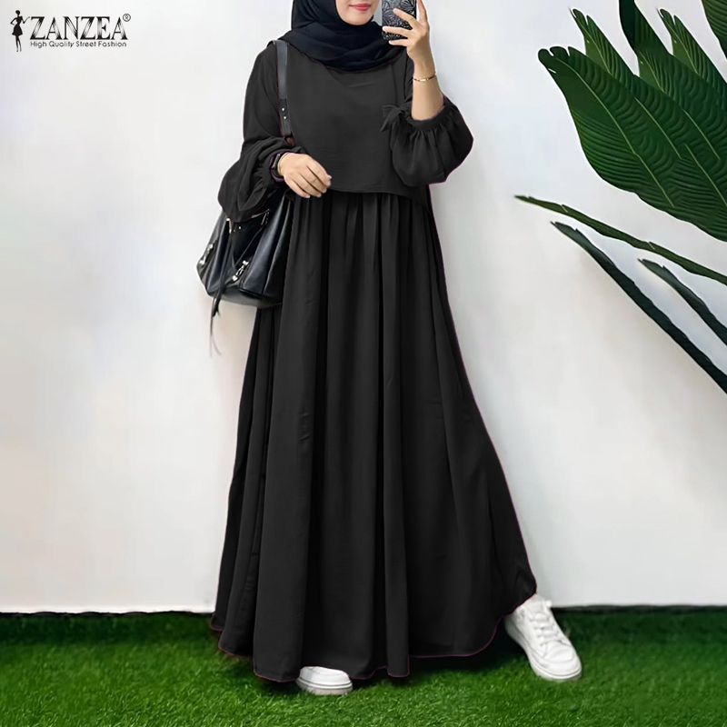 Robes maxi à superpositions pour femmes musulmanes, col rond, manches longues, couleur unie, robes amples Abaya, vêtements islamiques ZANZEA pour le Ramadan