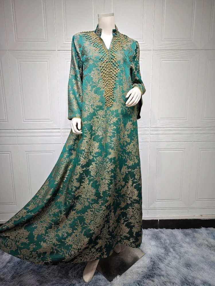 Abaya-Robe musulmane Eid pour femmes, col montant perlé, Jalabiya, robes de soirée marocaines, Abayas caftan, robe arabe longue éducative