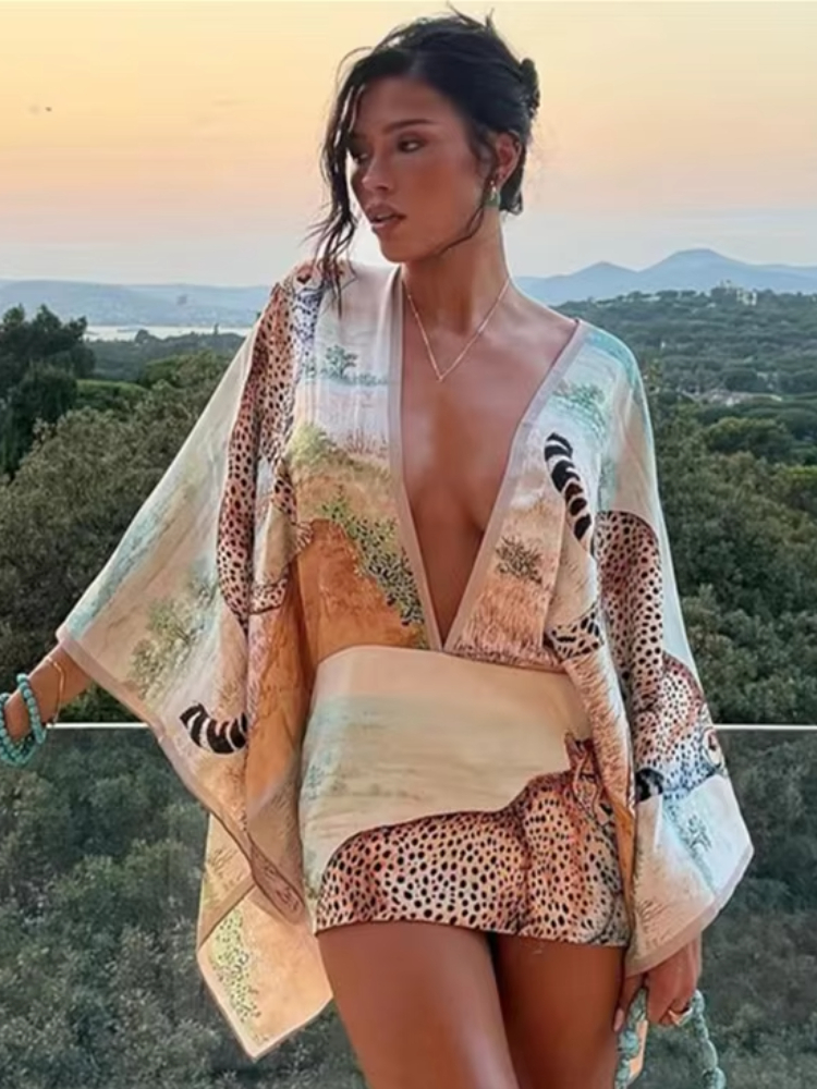 Nibber Bouffée Manches Dos Nu Robe Femmes Coloré Imprimé Léopard Sexy Profond V-Cou Patchwork Hottie Vacances Party Club Moulante