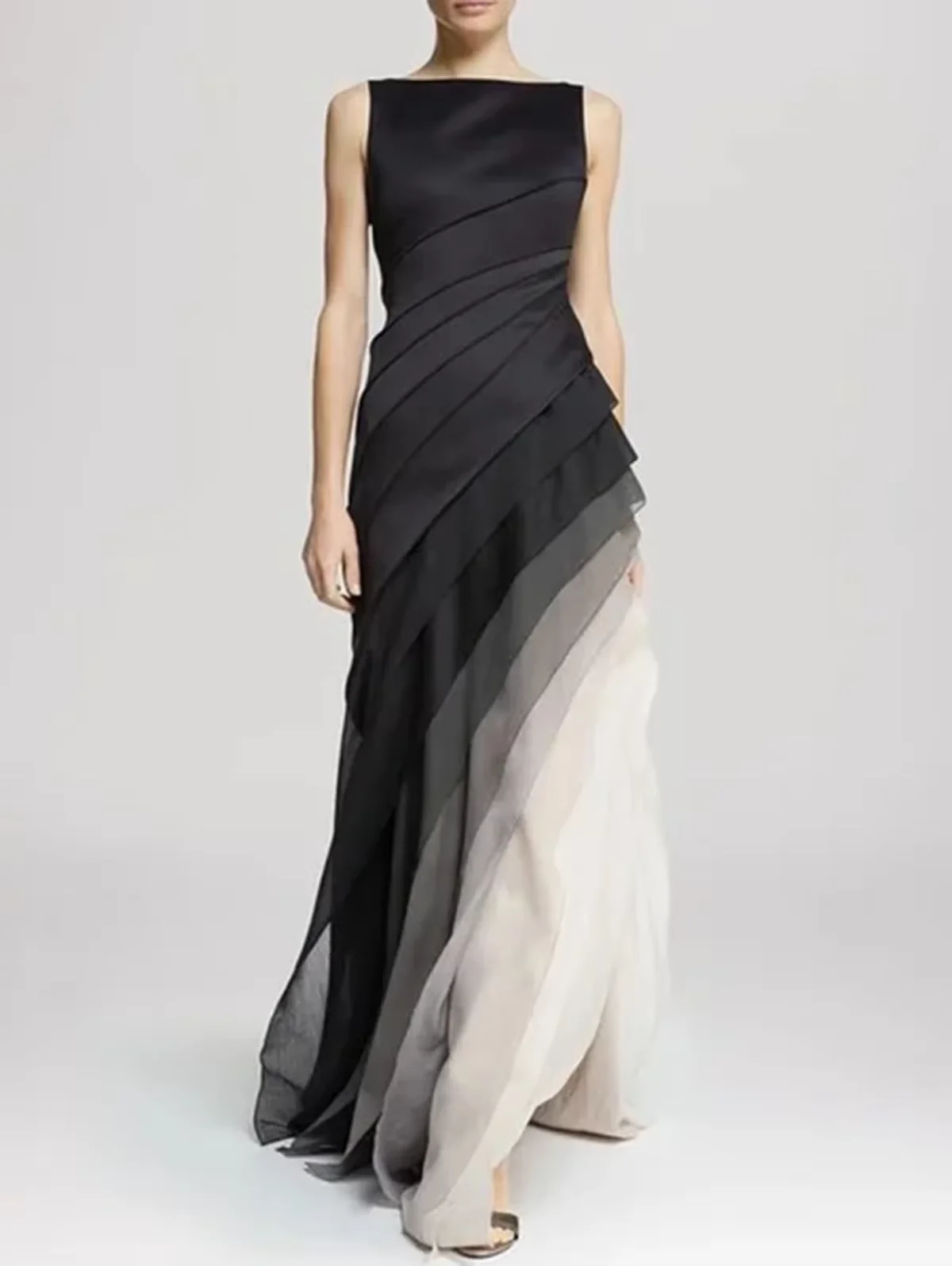 Femmes robe débardeur élégante col rond été décontracté invité de mariage dégradé imprimé robes longues en Satin