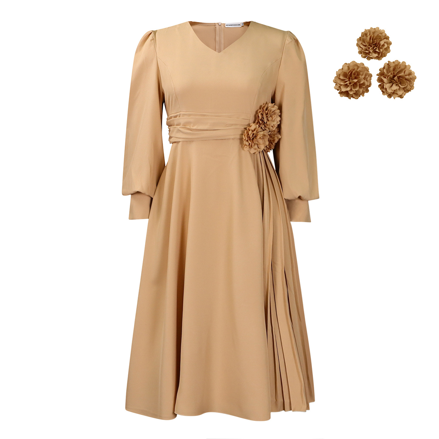 Robe longue pliable pour femmes, col en V, manches longues, fleur tridimensionnelle, taille serrée, Maxi, été, ligne A, 2025