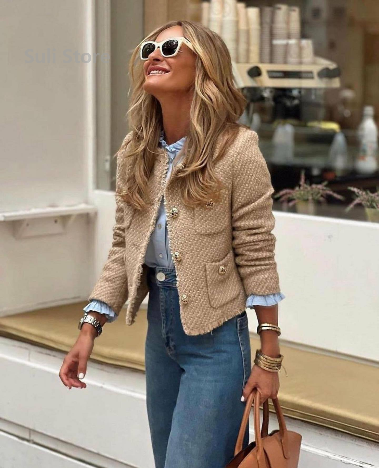 Chic femme Tweed basique veste manteau femmes vêtements laine vêtements d'extérieur à manches longues bouton avant vêtements de dessus pour femmes Chic hauts