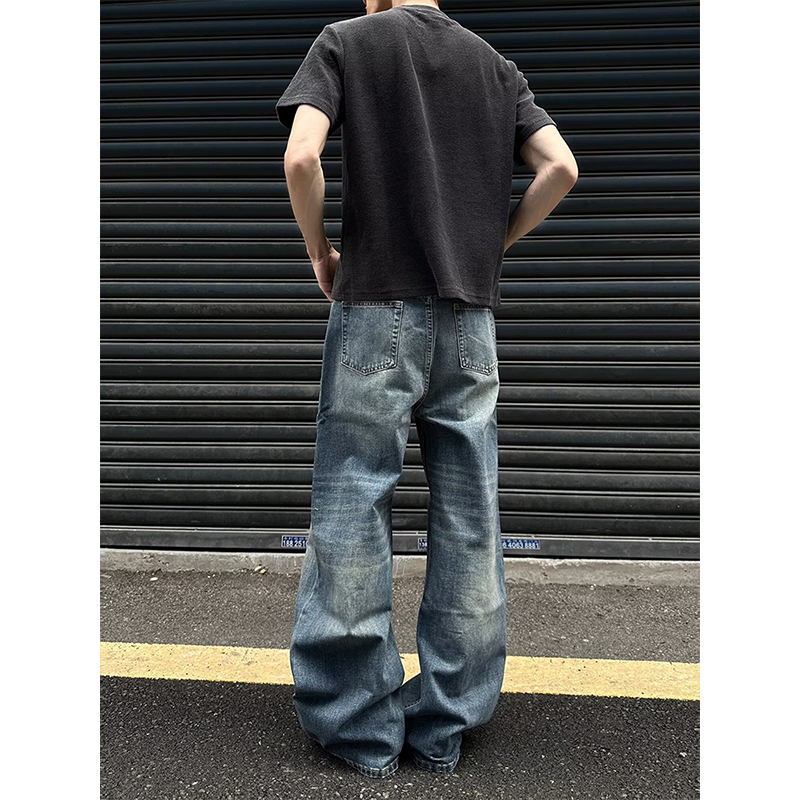Jean pour homme robuste, délavé, multi-poches, style charpentier, coupe droite ample, décontracté, style urbain