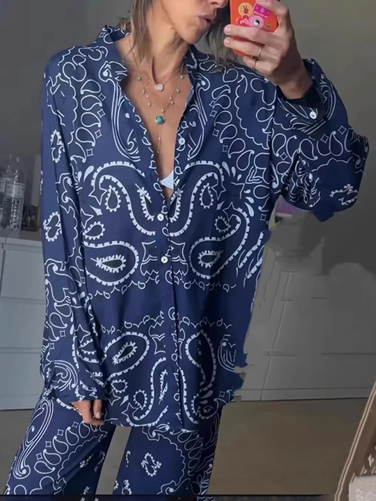Ensemble deux pièces imprimé pour femme : chemisier à manches longues et pantalon, tenue décontractée pour les vacances