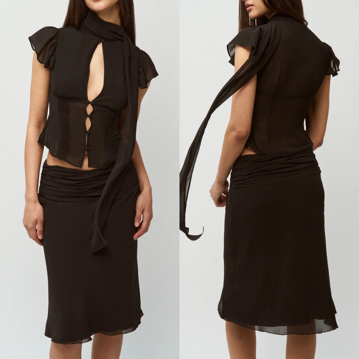 Ensemble Guz en mousseline de soie rétro style français pour femme, avec col à rubans, haut boutonné ajouré cintré à la taille avec petites manches volantées, jupe plissée à queue de poisson, ensemble deux pièces, haut en mousseline transparente avec rubans