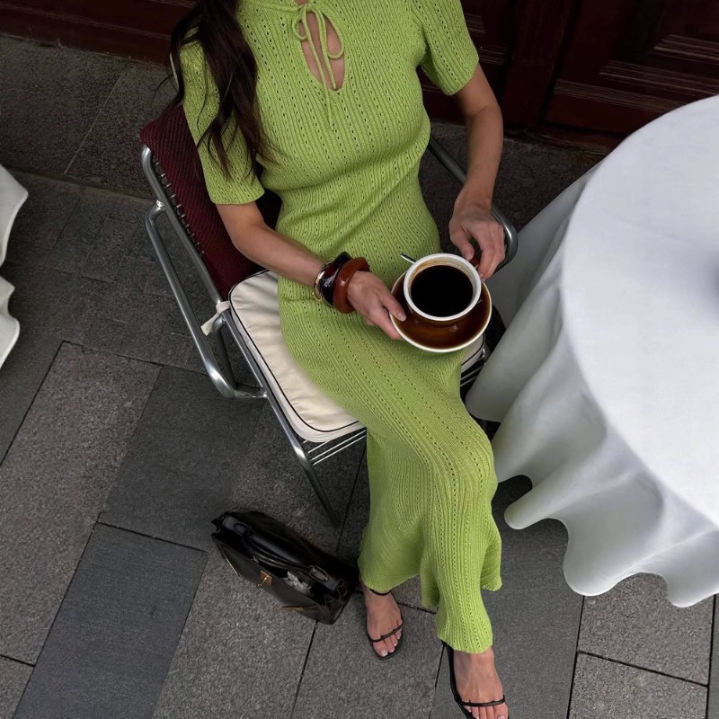 Nouvelle Robe Longue Tricotée à Manches Courtes, Coupe Moulante, Style Sirène, Élégante, avec Découpes, Lacets et Patchwork Côtelé pour Femme