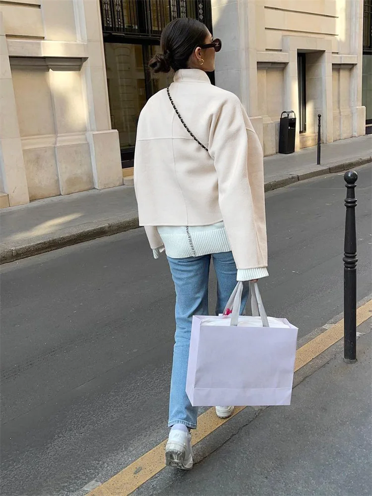 Manteau court en laine patchwork pour femmes, pardessus décontracté, streetwear, cardigan adt, manches longues, vêtements d'extérieur monochromes, Y2K, 2024