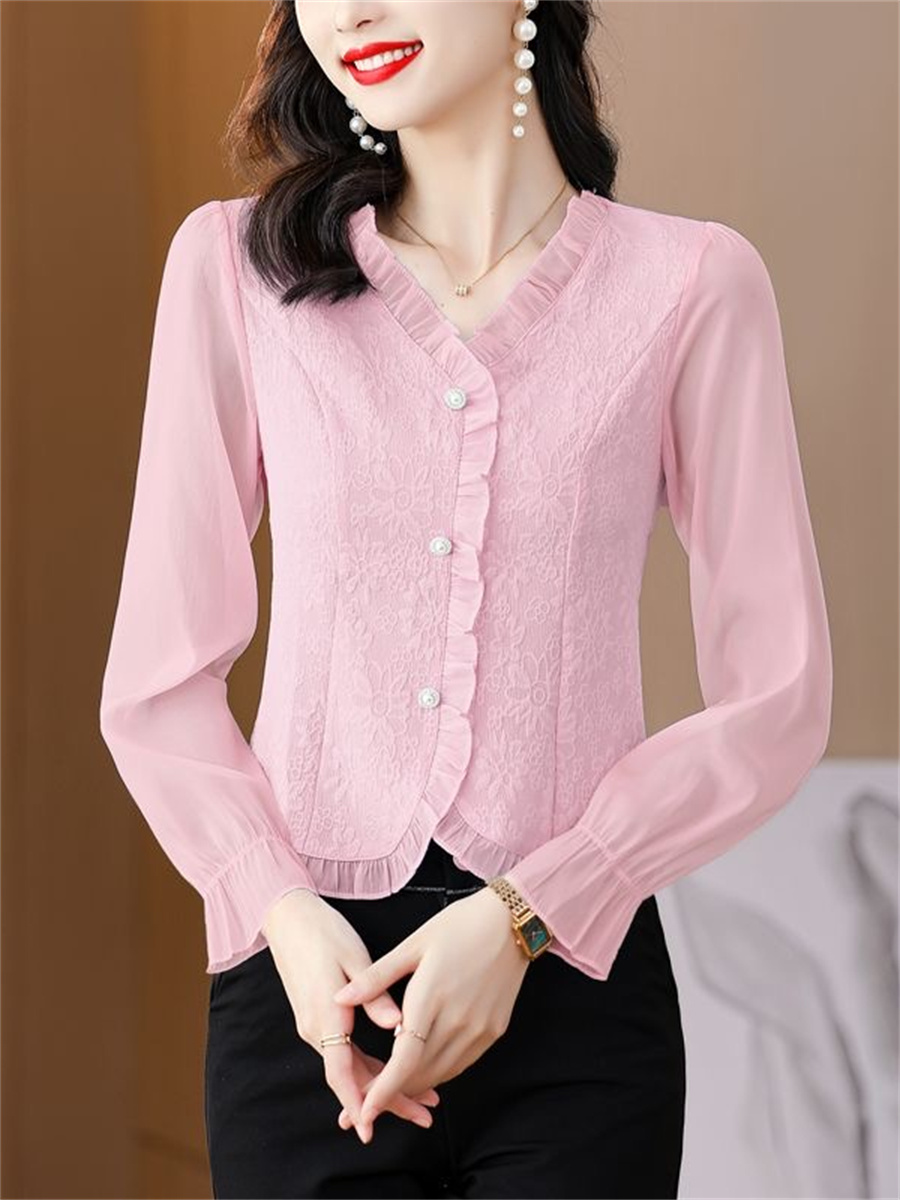 Chemise de printemps et d'automne pour femmes, haut à manches longues et col en v, coupe ajustée et tendance, couleur unie, DF4615