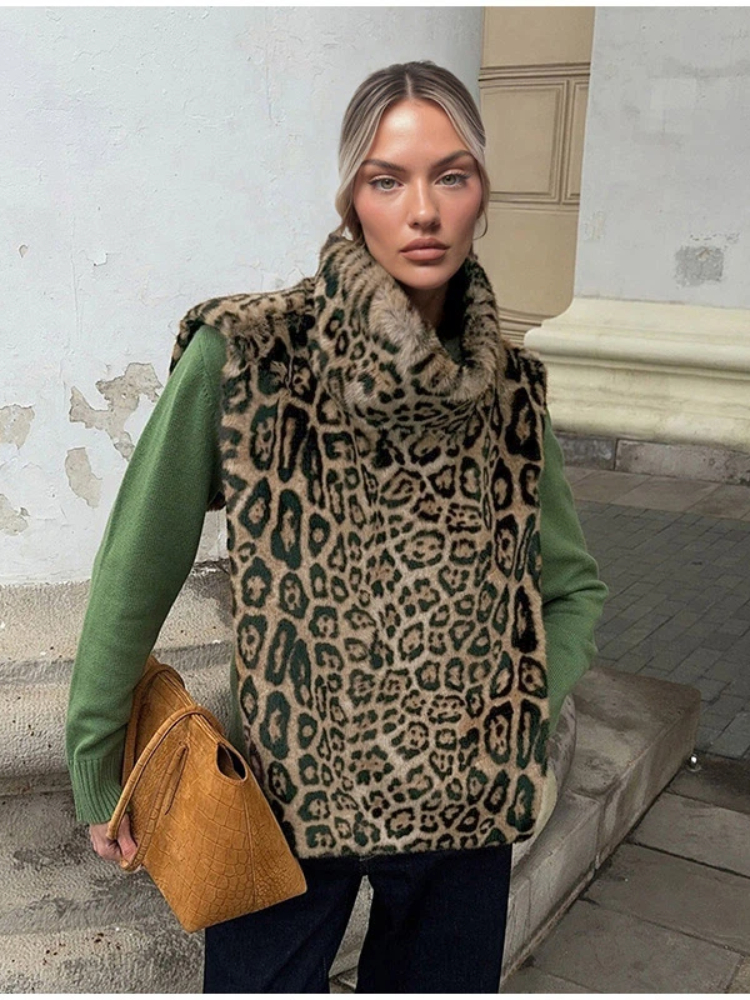 Hauts pour femmes, haut à col roulé sans manches en fausse fourrure léopard, châle, pull, mode féminine, dos nu, irrégulier, vêtements de club, nouveau streetwear