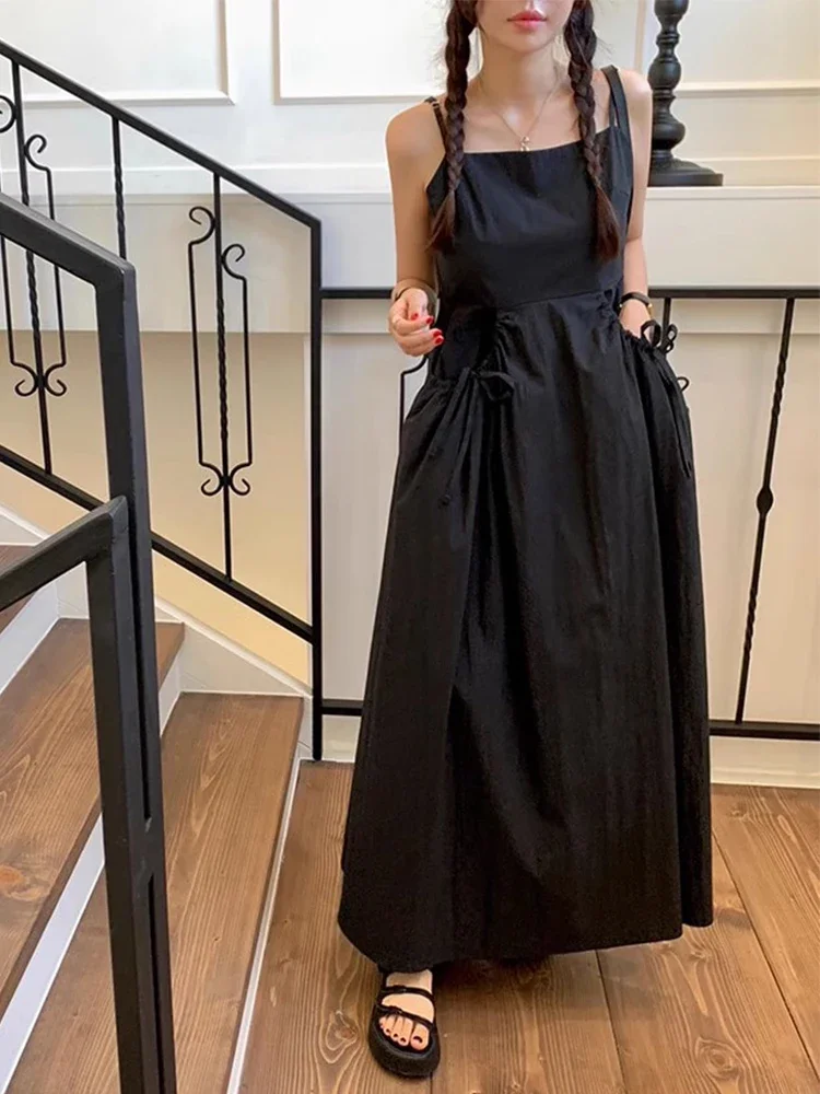 Robe longue à lacets plissée pour femmes, caraco à grandes poches, taille haute, coupe couvertes, mode coréenne, été, nouveau