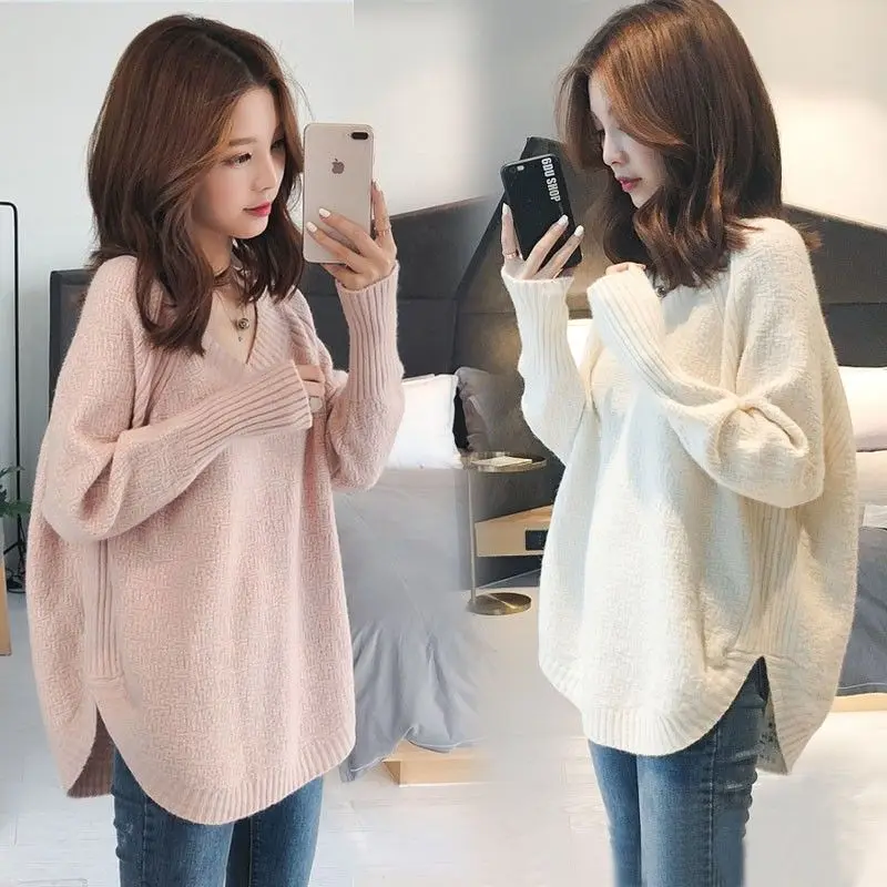 Pull Surdimensionné en Cachemire à Col en V pour Femme, Vêtement Doux, Mode Coréenne, Harajuku, Automne et Hiver