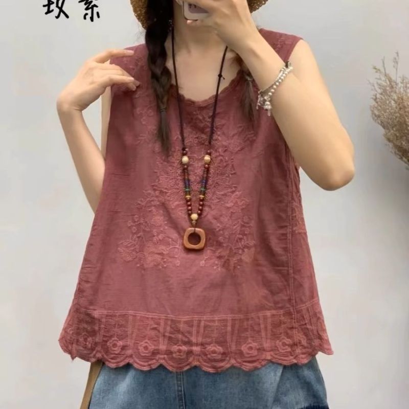 Vêtements Vintage en Dentelle Brodée pour Femme, Coton Solide, Précieux, Décontracté, Col Rond, Fin, Glace de Plage, Été, 2024