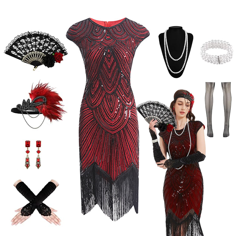 Robes des années 1920 pour femmes, robe à clapet en dentelle, bandeau en plumes, paillettes, perles, franges, accessoires des années 20, Costume de mafia Vintage