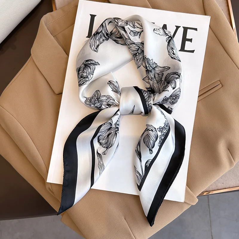 Foulard Carré à Imprimé Floral de Luxe pour Femme, 70x70cm, Bandeau de Cheveux, Ruban de Tête, Hijab, Bandeau de Sauna, Satin Doux