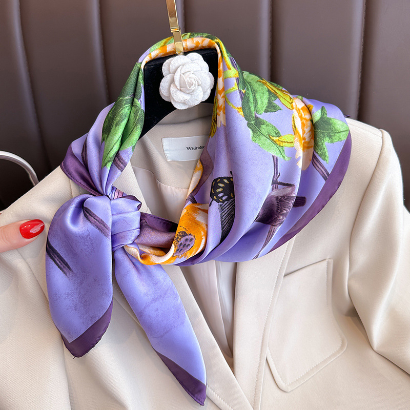 Foulard imprimé floral violet pour hommes et femmes, écharpes carrées, hijab féminin, satin doux, écharpes de la présidence, décoration décontractée, cravates de cou pour dames, 70cm