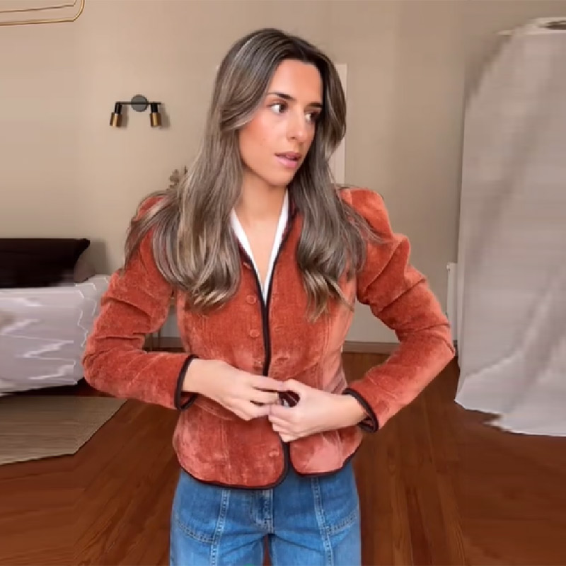 Veste Courte Décontractée Chic à Col Montant pour Femme, en Velours avec Manches Bouffantes et Bordures Contrastantes, Collection Printemps 2026, Style Urbain Élégant