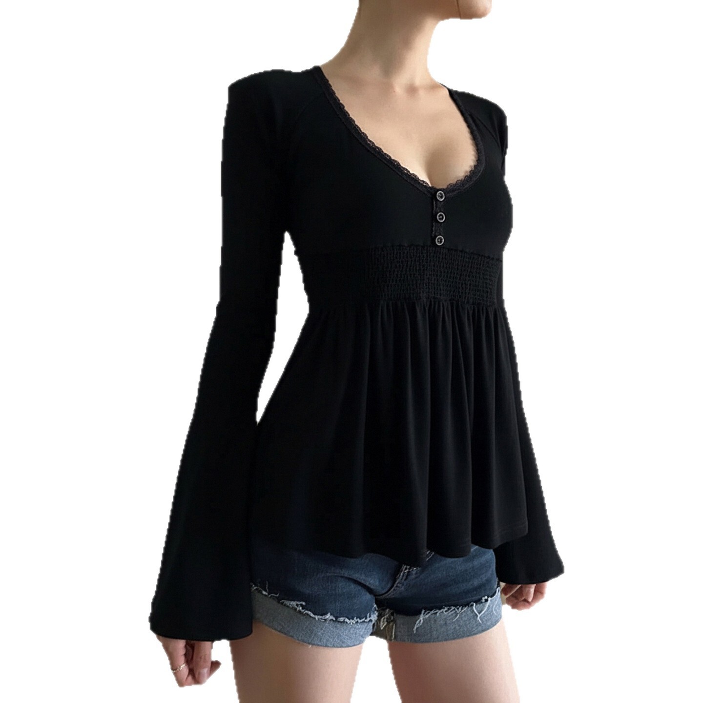 Pull en tricot pour femmes, chemisier Chic français, panneaux en dentelle, col bas, manches cloche, taille cintrée, haut trapèze, nouvelle collection 2025