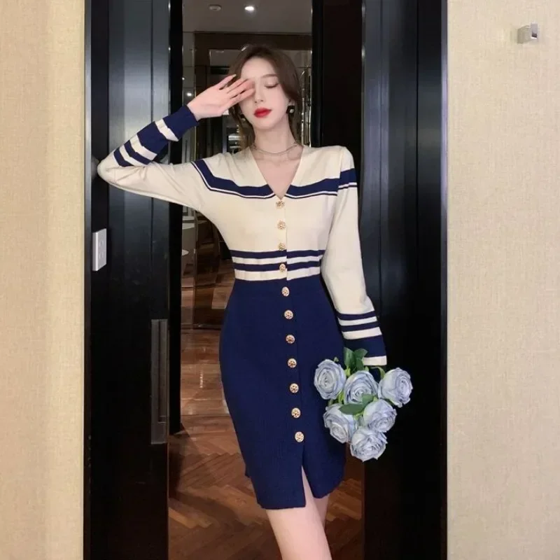 Robes au crochet pour femmes, col en V, vêtements esthétiques, rétro, luxe, haute qualité, hiver, automne, média, G X