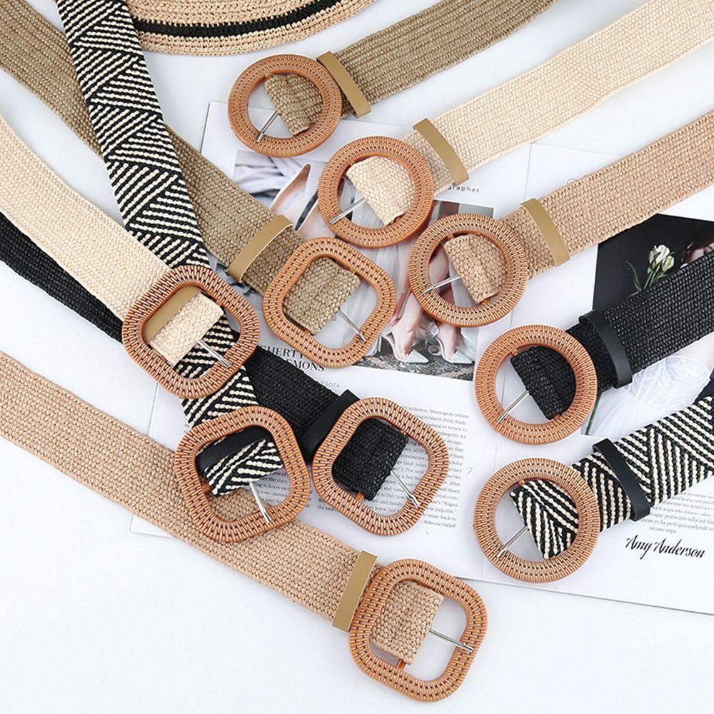 Ceinture d'été bohème pour femmes, élastique, en paille, tressée, large