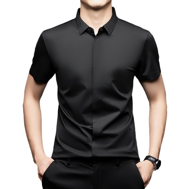 Chemise à manches courtes en soie pour hommes, Business décontracté, extensible, couleur Pure, affaires commerciales, haut décontracté