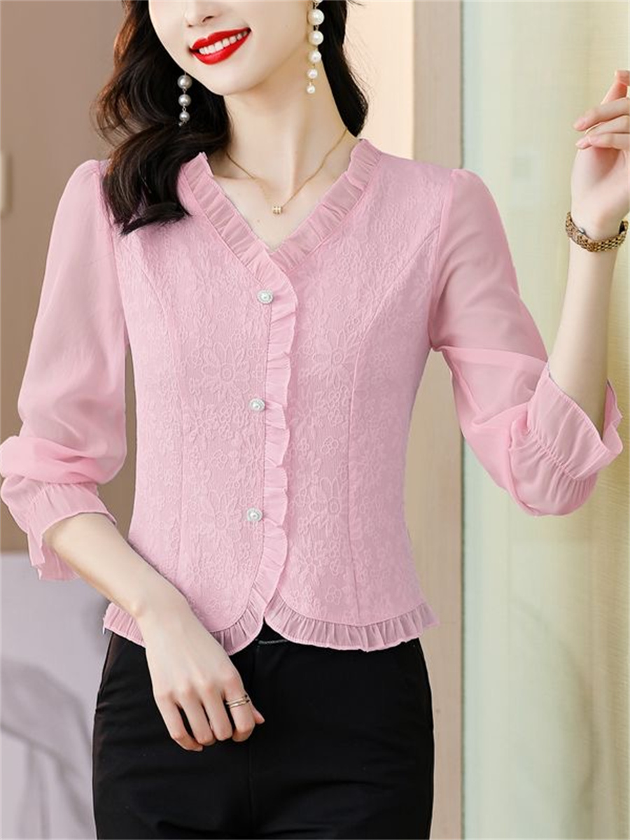 Chemise de printemps et d'automne pour femmes, haut à manches longues et col en v, coupe ajustée et tendance, couleur unie, DF4615