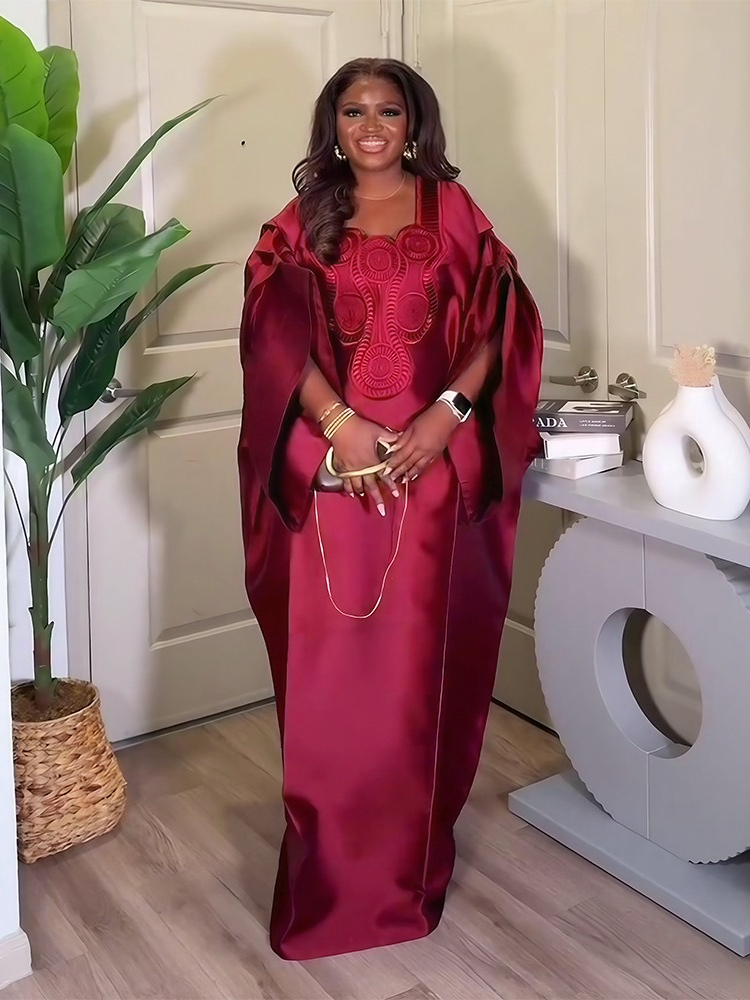 Robe Bubu brodée en Satin pour femmes, modeste, pour tenues d'église, traditionnelle africaine, longue, ample, col carré, manches chauve-souris, nouvelle collection 2025