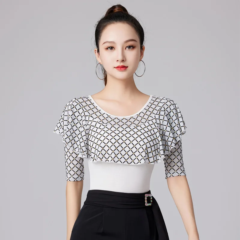 Vêtements de danse latine en maille Patchwork pour femmes, hauts d'entraînement pour femmes, Costume noir et blanc, T-shirt de sport Samba avec strass à volants pour le ventre, nouvelle collection