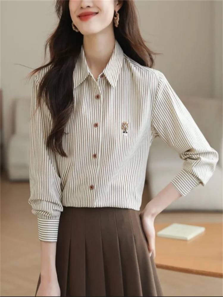 Chemises amples à rayures pour femmes, chemisier brodé, vêtements de printemps et d'automne pour femmes, haut à boutons, mode élégante pour jeunes femmes