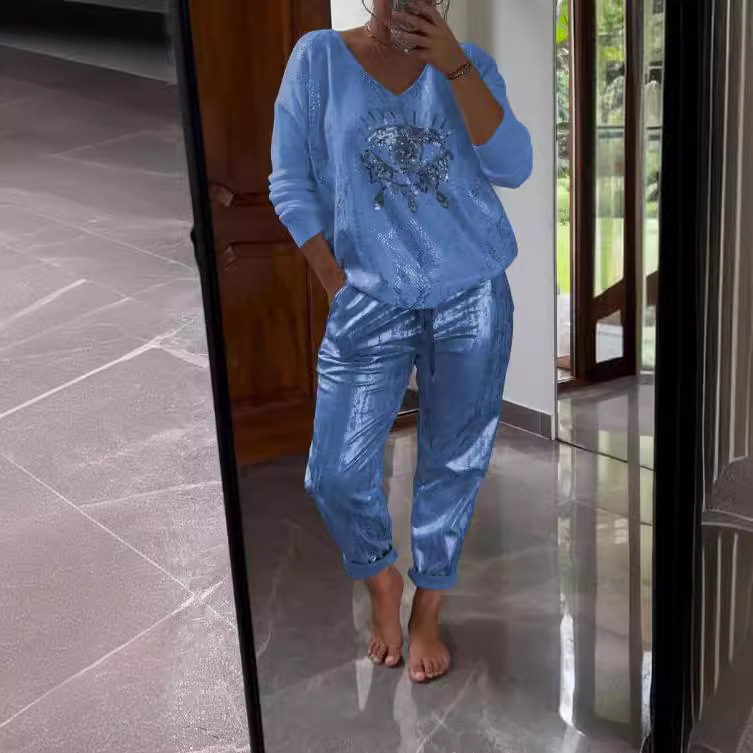 Costume grande taille pour femmes, mode décontractée, décoration des yeux en métal, chemise à manches longues, pantalons décontractés, grande taille, vêtements pour femmes, 2025