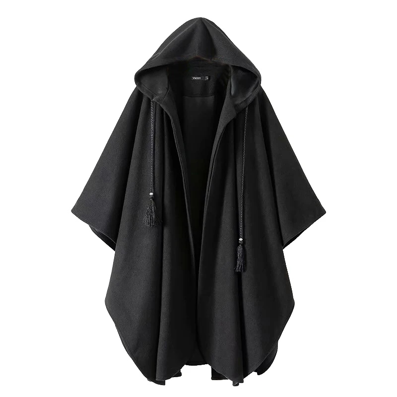 Vintage gothique noir à capuche Cape Poncho femmes Cape ample Ponchos manteau Cardigan Trench ouvert frange à capuche enveloppes Capas automne