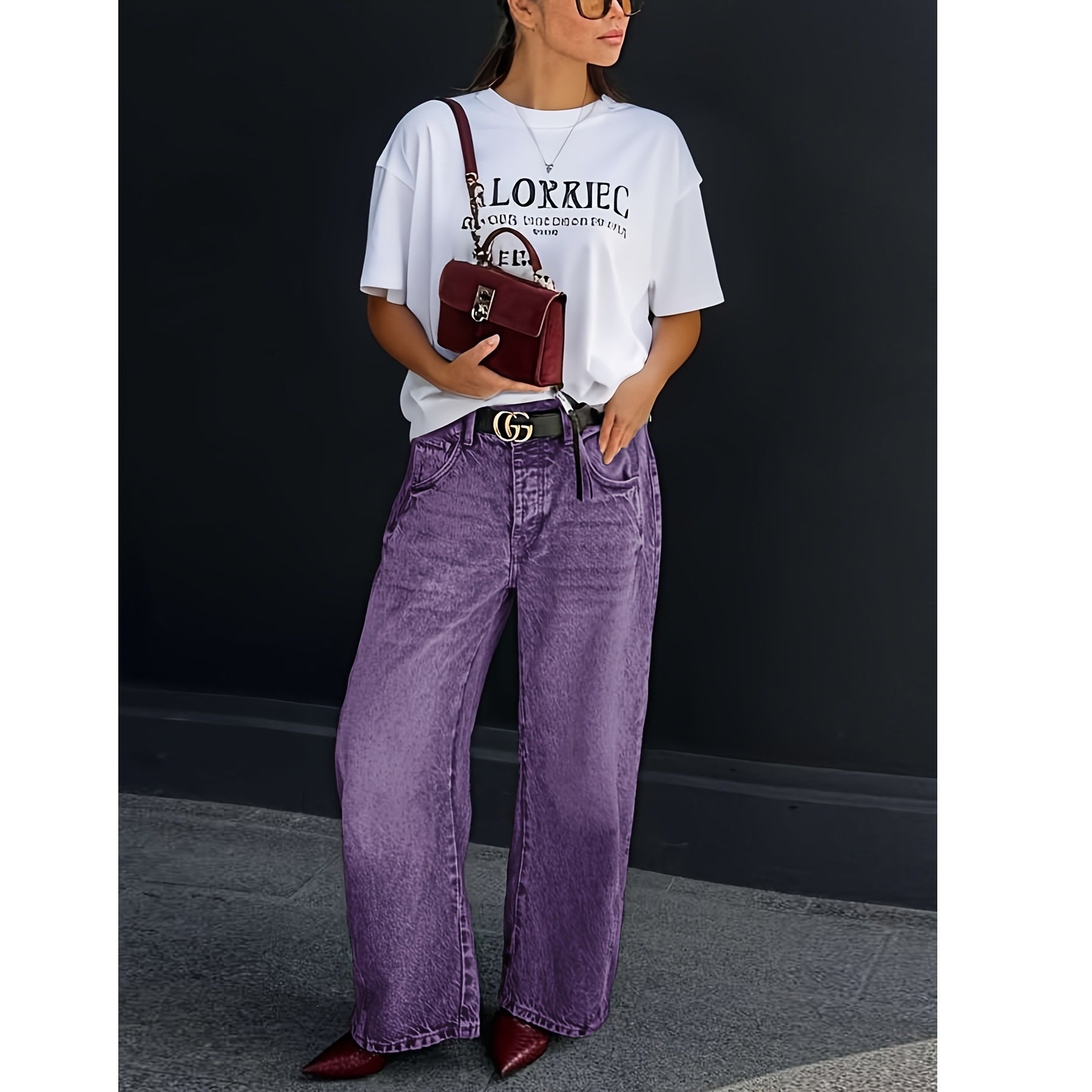 Jean en denim délavé coupe ample et large pour femme, taille simple et assortible, sans ceinture incluse, pantalon long