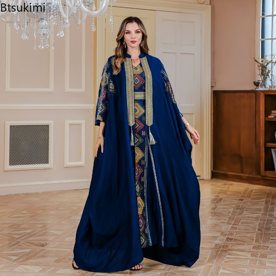 Ensembles 2 Pièces Musulmans pour Femme, Robes de Soirée Brodées, Ensembles Abaya Ouverte, Jalabiya, Kaftan de Dubaï, Robe de Fête, Cardigan pour l'Aïd et le Ramadan