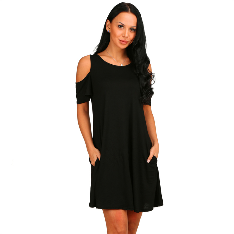 Robe d'été élégante pour femmes, Vintage, épaules dénudées, manches courtes, ample, couleur unie, col rond, soirée, Club, ligne a, QT036