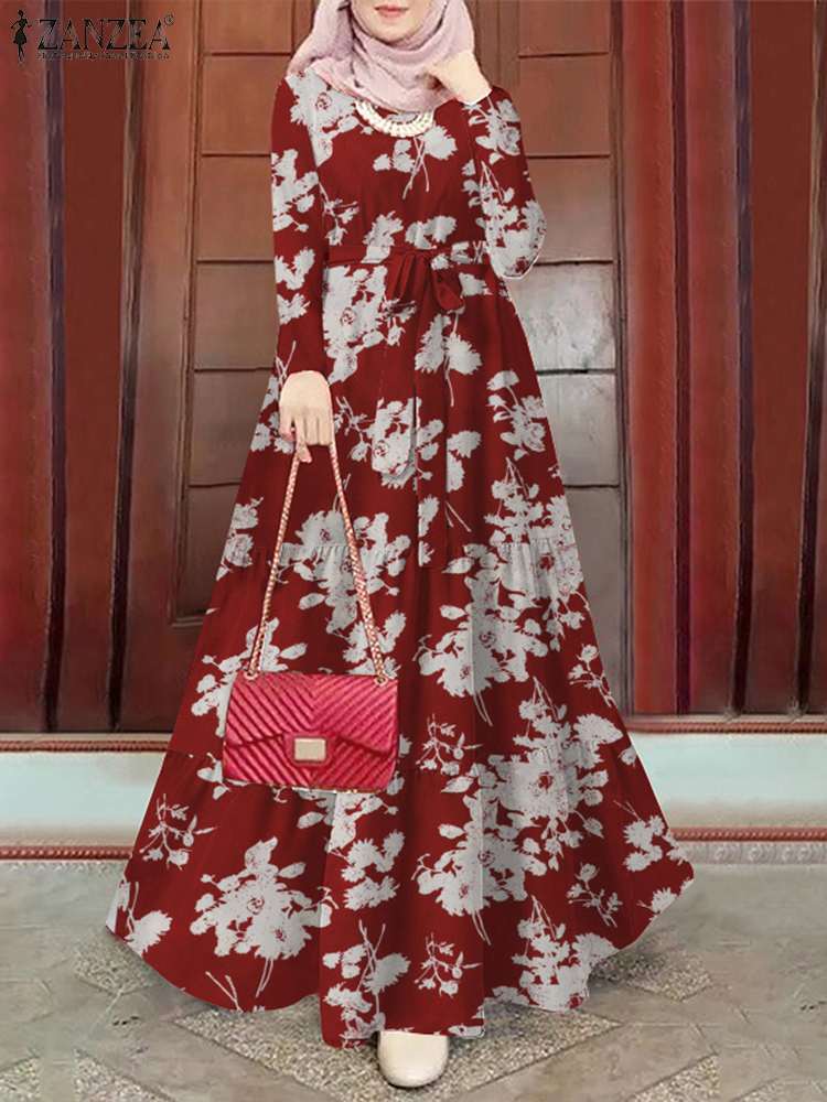 ZANZEA-Robe musulmane à imprimé floral, manches longues, ramadan, turquie, vintage, éducatif, vacances, maxi, caftan, islamique, abaya, printemps