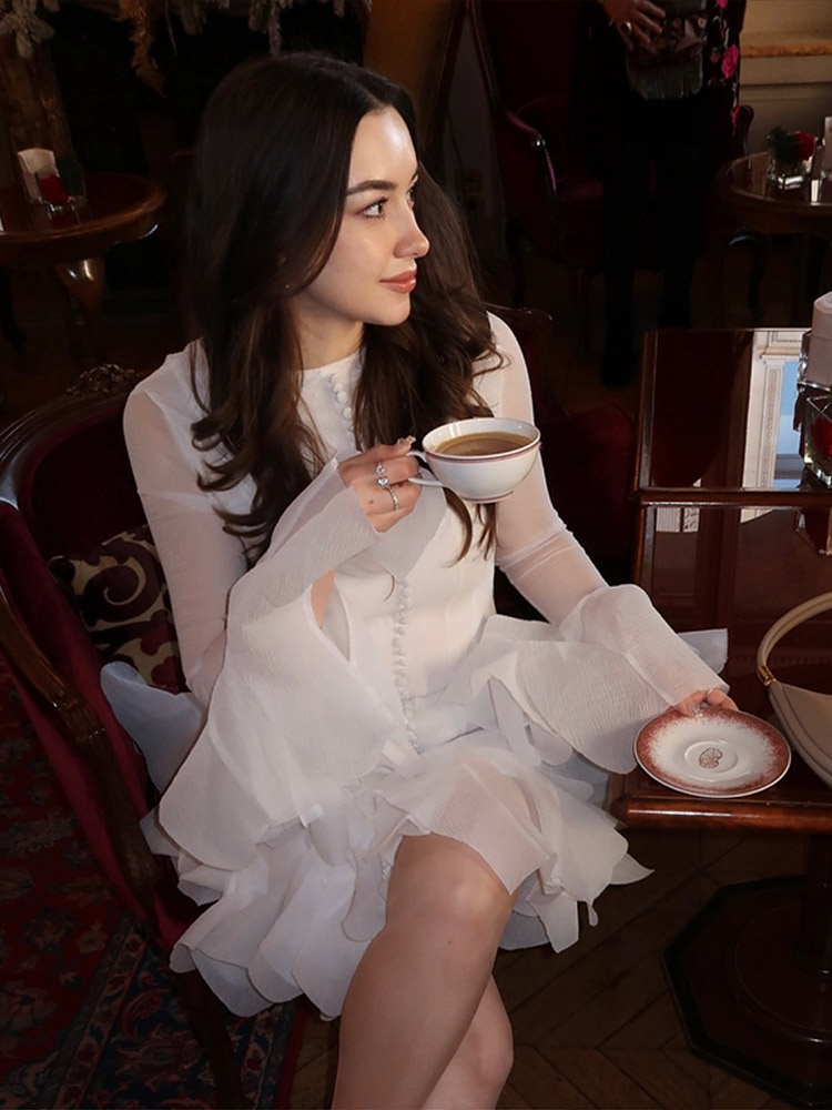 Robe bouffante évasée à manches longues, taille cintrée, col rond, grande jupe, ourlet, robe de soirée française, coupe cintrée,