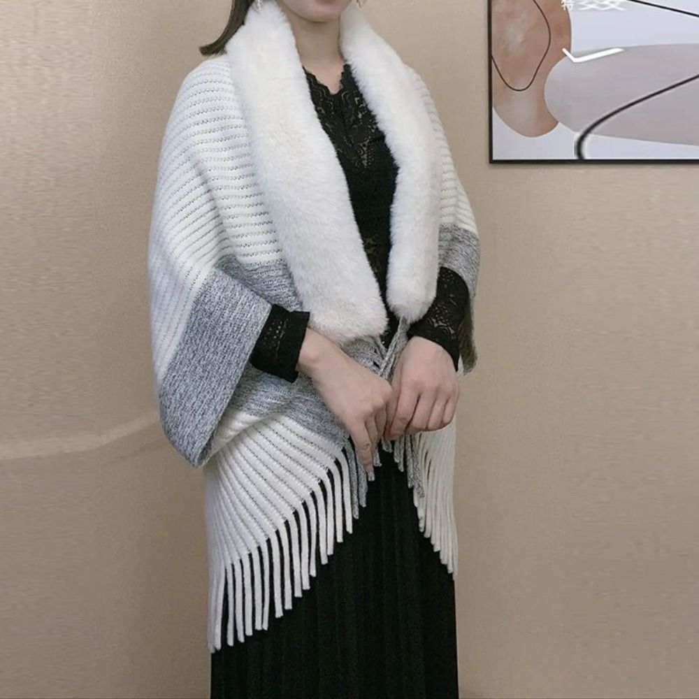 Cape Cardigan à la mode, col en fausse fourrure, enveloppes en peluche, châle tricoté, chaud pour l'hiver