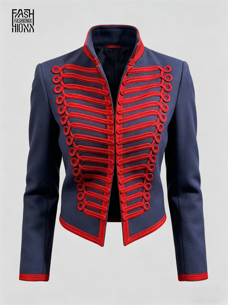 Veste de style Napoléon pour femme, manteau court à col montant et bordure tressée, vêtement d'extérieur tendance pour le printemps, nouvelle collection