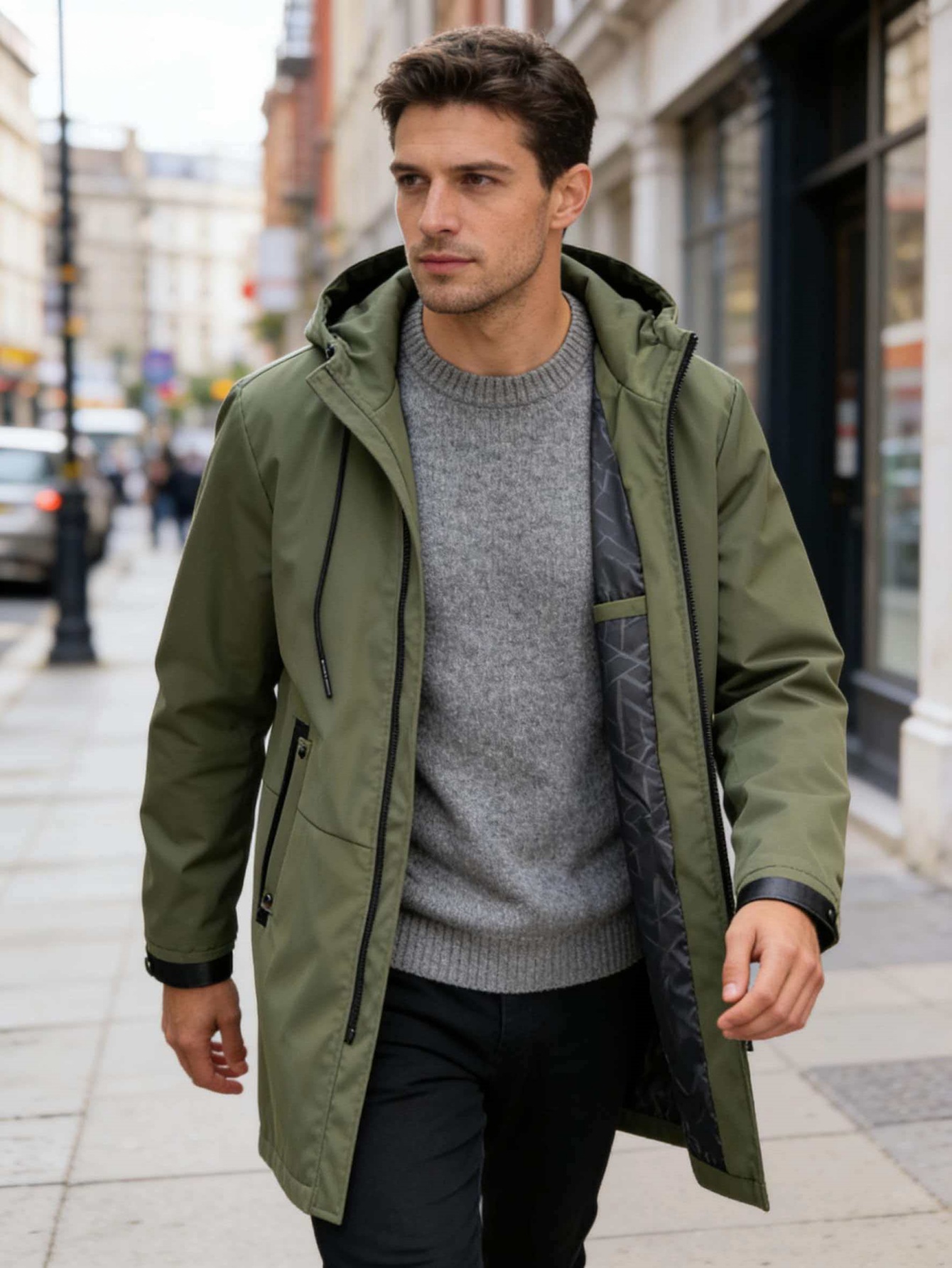 Parka longue à capuche pour homme noir, coupe-vent mi-longue décontractée urbaine avec capuche ajustable et poches zippées