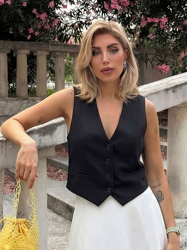 HH femmes décontracté col en v sans manches gilet élégant mode solide simple boutonnage gilet court Chic hauts femme vêtements d'extérieur d'été