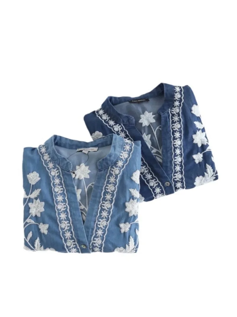Kimono Boho Vintage Denim Coton pour Femme, Broderie Bleue, Bohème Col V, Manches Chauve-Souris, Robe Courte, Cover-up