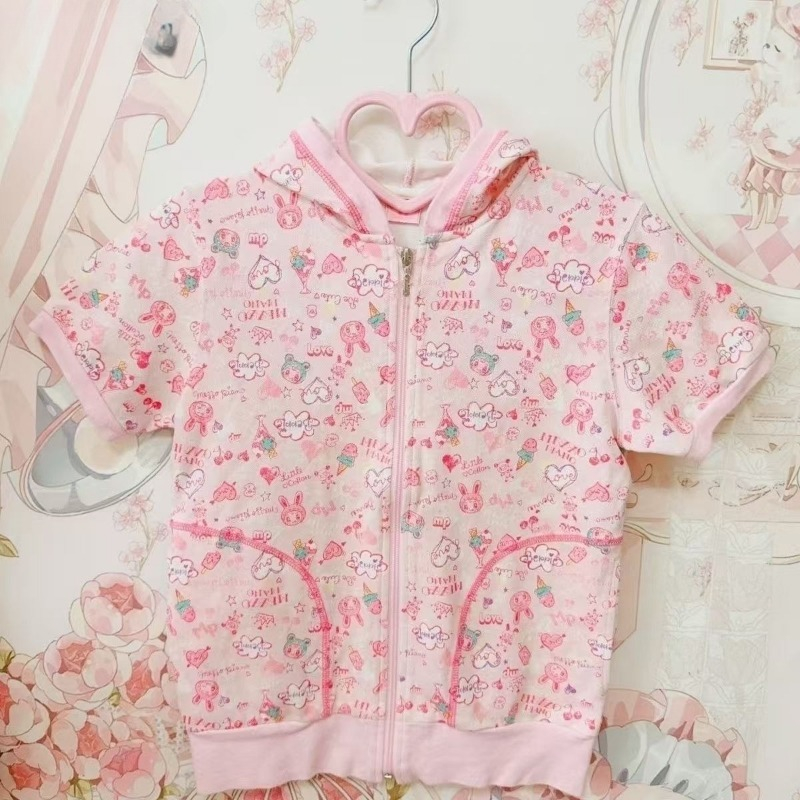Manteau d'été fin à manches courtes pour femmes, imprimé de dessin animé japonais Kawaii, veste à capuche mignonne Vasual Y2k, vêtements d'extérieur esthétiques doux Grunge