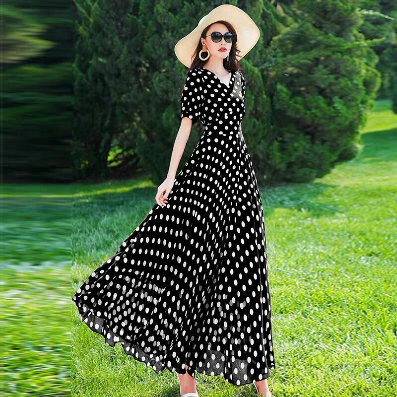 Robe longue en mousseline de soie à pois rouges pour femmes, nouvelle collection été, style bohème, pour les vacances à la plage, robe élégante pour femmes
