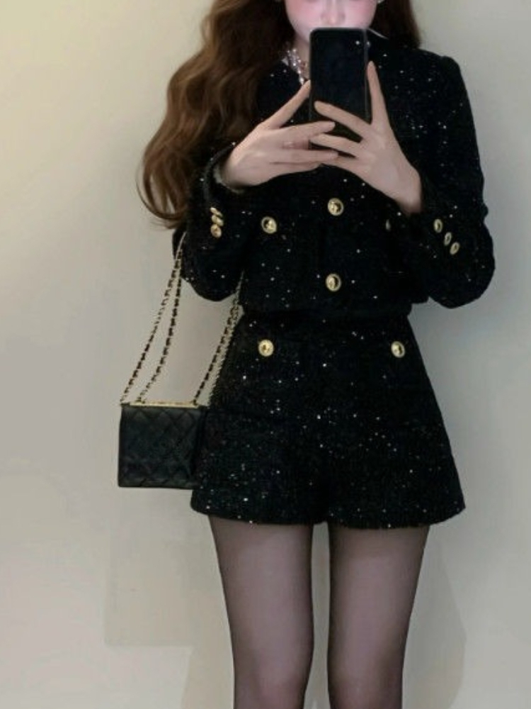 Mode coréenne élégant 2 pièces ensemble femmes noir brillant Tweed veste courte + taille haute Tweed Shorts français décontracté Chic tenue