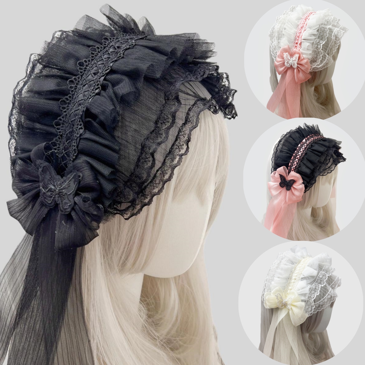 Serre-tête style voile pour femmes et filles, Harajuku, à volants, en dentelle florale, avec nœud, style Lolita gothique, accessoires pour cheveux.