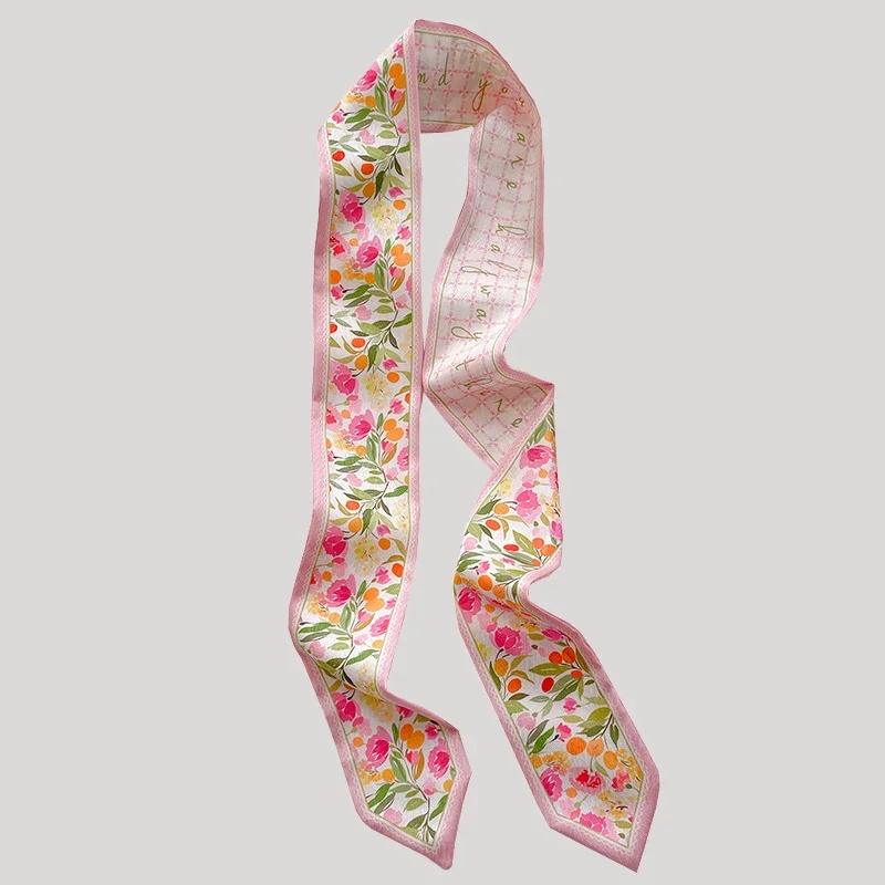 Nouveau Foulard Long en Soie Satinée à Imprimé Floral Original pour Femme – Écharpe de Qualité Supérieure, Rubans pour Cheveux et Accessoires de Sac