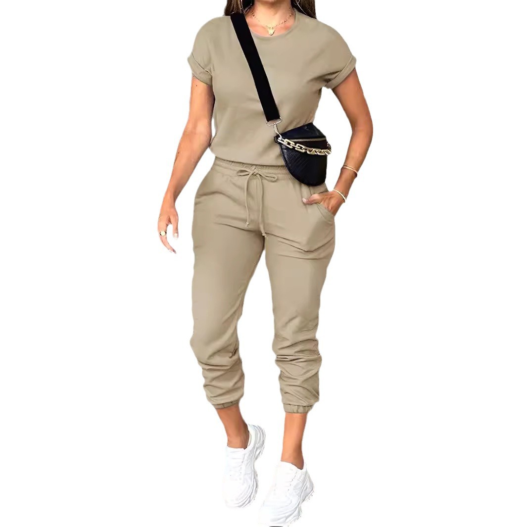 Ensemble deux pièces de sport pour femmes, mode d'été, confortable, décontracté, couleur unie, col rond, haut à manches courtes et pantalon élastique
