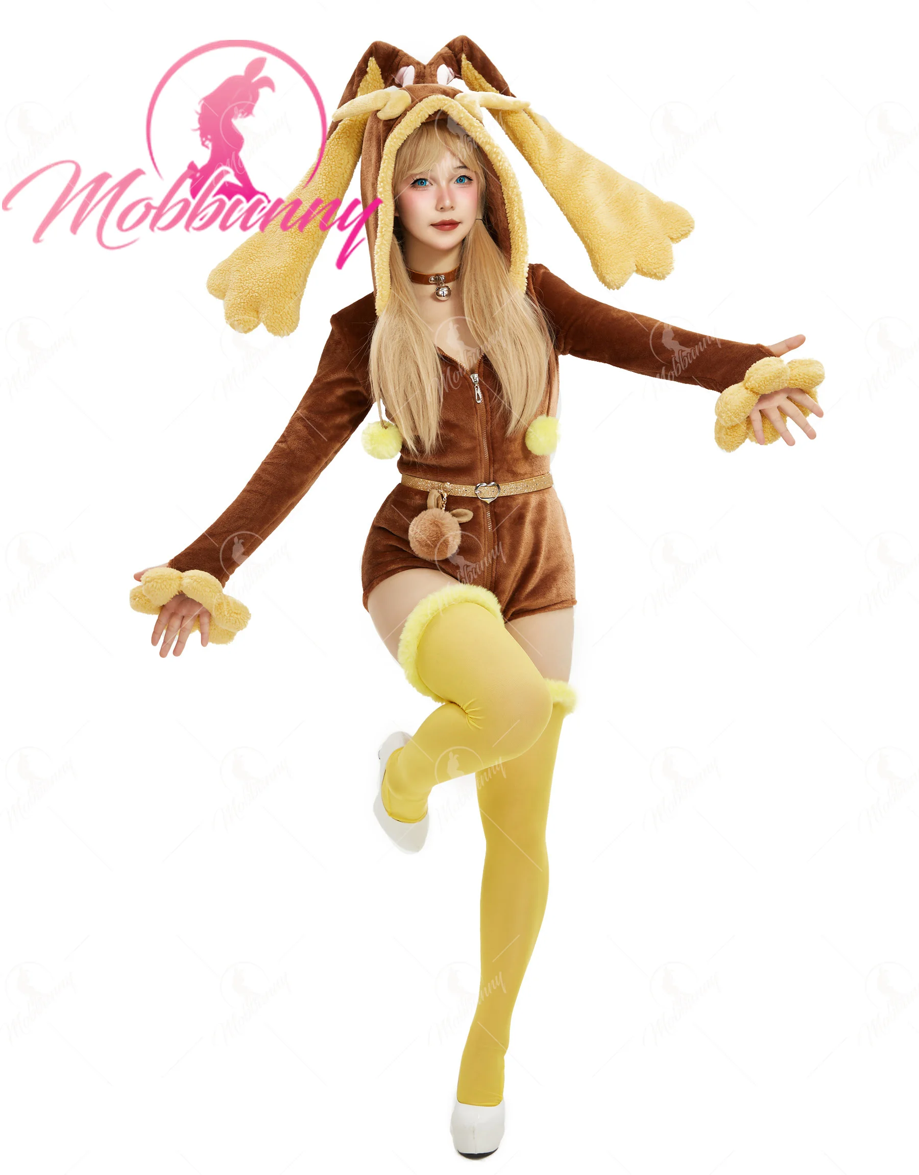 Mobbunny PM Derivative peluche Homewear moelleux moulante barboteuse body à capuche avec chaussettes cuisses et tour de cou