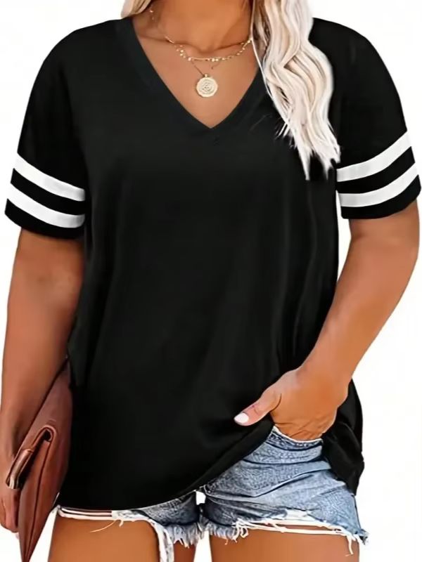 Femmes mode grande taille col en v été couleur bloquée T-shirt été haut ample à manches courtes T-shirt style décontracté 1XL-8XL