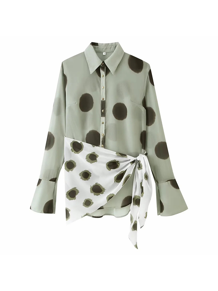 Robe patchwork pour femme avec bretelles en foulard de soie, style festival de musique, sexy, à simple boutonnage, manches longues, imprimé pois, pour femme élégante